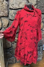 Calvin Klein Red Floral Chiffon Tunic Dress Sz 2 Bell Sleeve NWT$149 CD2H6N17