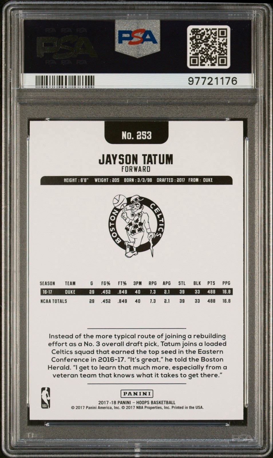 2017 Hoops Jayson Tatum Teal Explosion #253 PSA 10 SP view 3