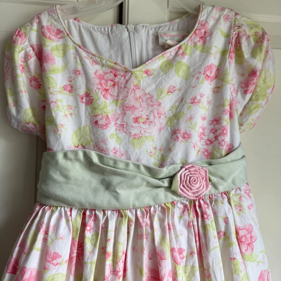 Hartstrings Vintage Classic Floral Dress Party Tea Dress Green Sash Rose Size 5 - Image 2 of 4