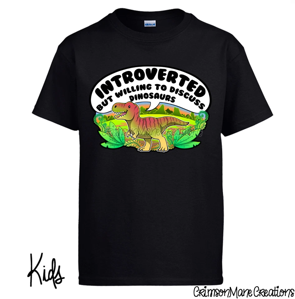 Introvert Discuss Dinosaurs Cotton T-Shirt: T-Rex Design, Kids Ladies Mens Sizes - Image 3 of 4