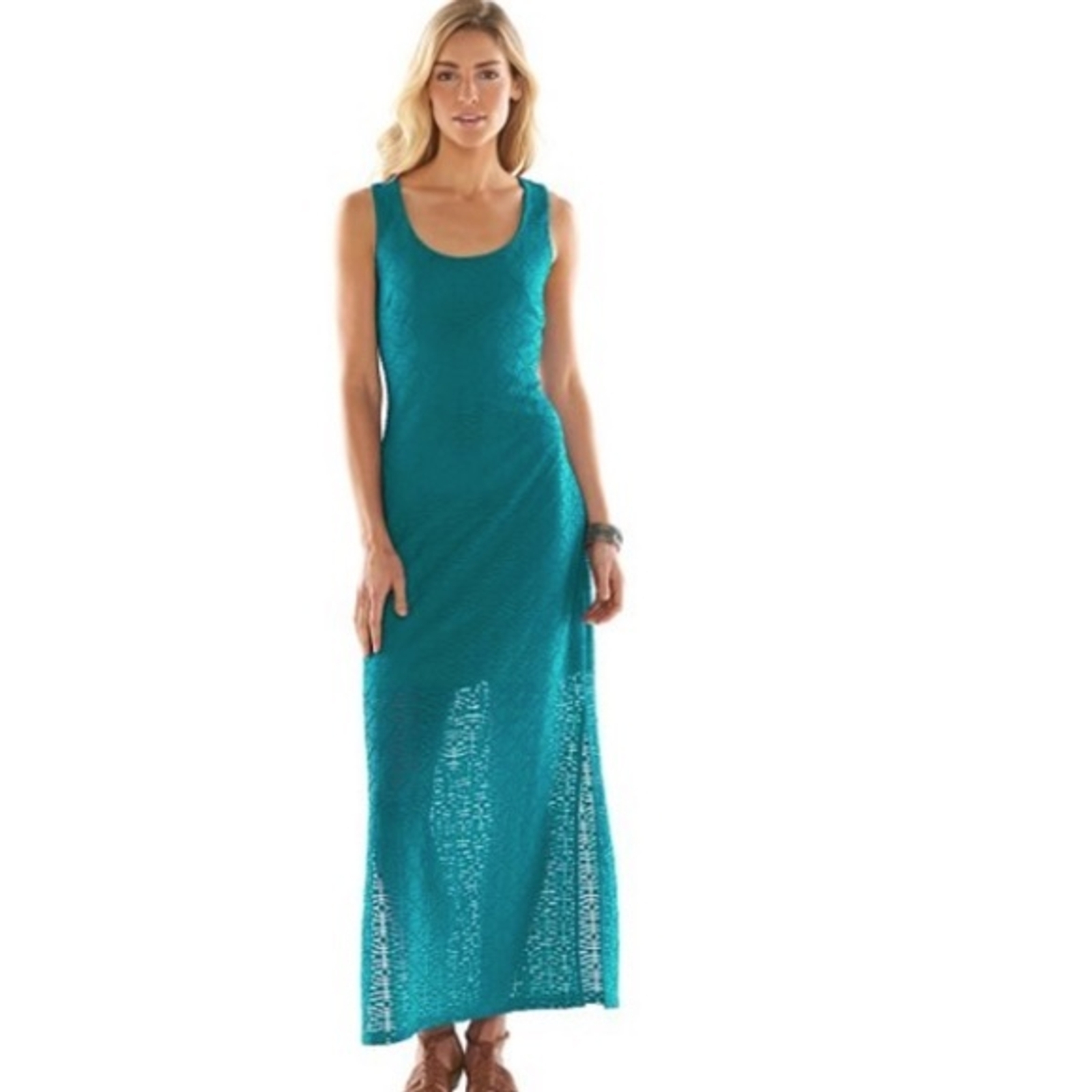 NWT Apt. 9 Textured Illusion Maxi Dress Women's Large Aqua Power Poly Scoopneck