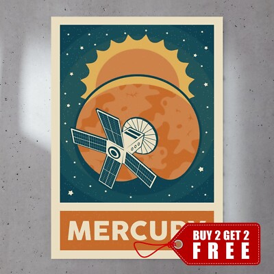 Merkur Retro Sonnensystem Poster 7x5 Vintage Poster, Retro Poster, Wandbild