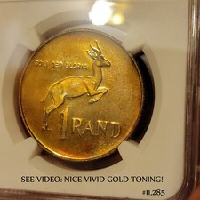 SEE VIDEO: toning 1987 South Africa Silver 1 Rand NGC PF67 springbok GOLD toned