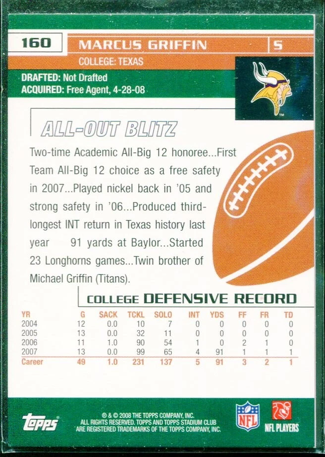 2008 Topps Stadium Club Marcus Griffin #160 RC Auto Minnesota Vikings - Image 2 of 3