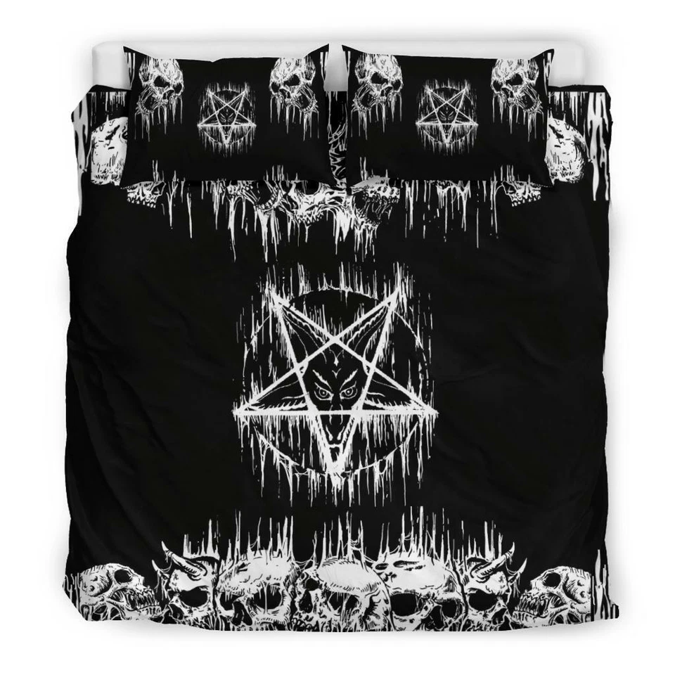 Juego de edredón oculto pentagrama de fusión invertido calavera satánica ropa de cama Baphomet Foto 3 de 4