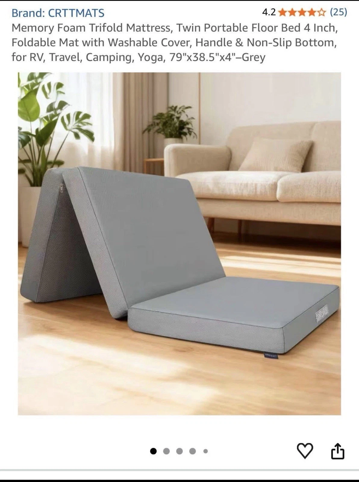 Memory Foam Trifold Mattress, Twin Portable Floor Bed 4 Inch, Foldable Mat
Opens in a new window or
