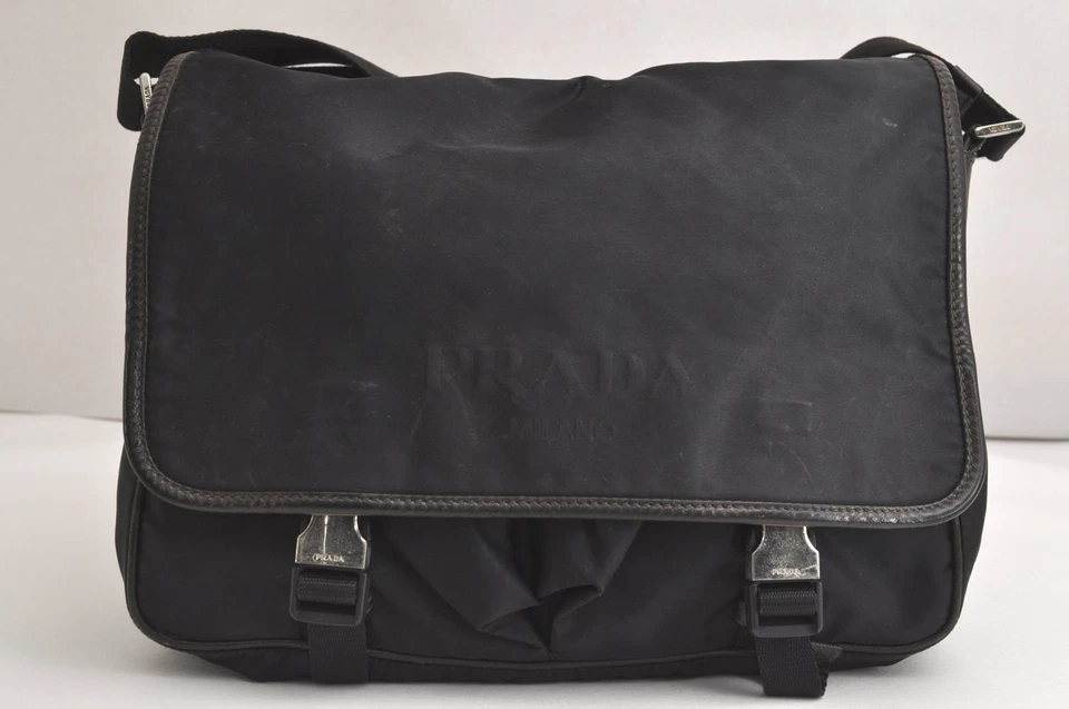 Auténtico bolso bandolera de hombro de cuero de nailon vintage de PRADA negro 4410N Foto 2 de 4