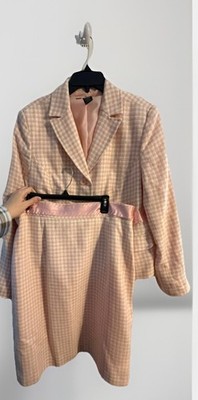 Apostrophe Pink  White Plaid Tweed  suit skirt Y2K Bow Accent Cropped sz 16