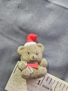 Vintage Christmas Teddy Bear Pin Fuzzy Brooch Small Santa Hat Holiday Lapel Gift