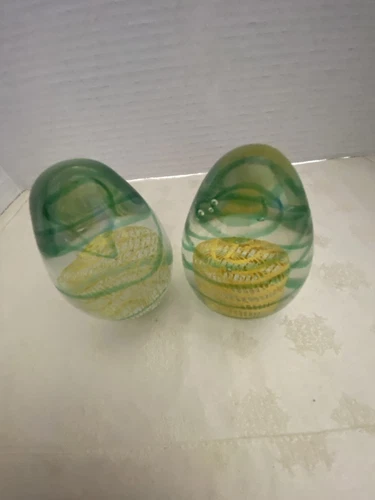 Vintage Set Of 2 Hand Blown Glass Egg Green Swirl Paperweights 
