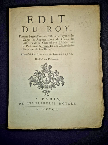 ÉDIT DU ROY 1716 1717 Louis XV Régence Imprimerie Royale Parlement Paris Finance