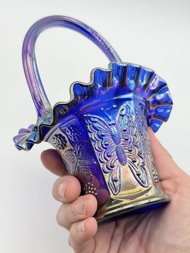 Fenton Butterfly & Berry Iridescent Glass Basket Ruffled Edge Carnival