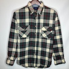 Vintage Sears Men's Medium Plaid Flannel Shirt Gray Red Button Down 15-15.5