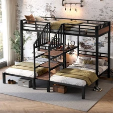 Metal Triple Bunk Beds Twin Over Twin &Twin Bunk Bed w/Storage Shelves &Stairs