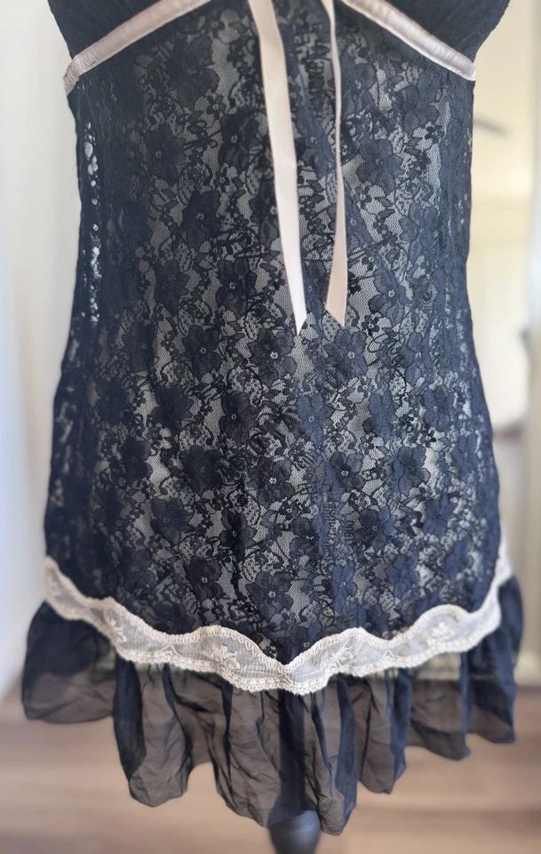 Linea Donatella Vestido Babydoll de Encaje Negro Transparente Chemise Slip Lencería Foto 3 de 4