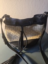 Johnny Was Black  Beige Woven Bucket/Drawstring Shoulder Bag Tassel Accent