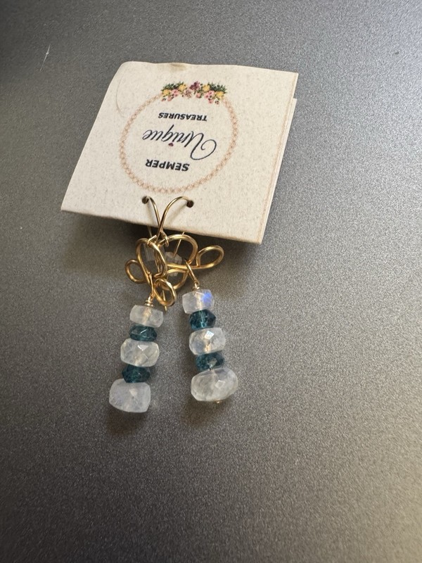 14k Yellow Gold White Moonstone and London Blue Topaz Drop Dangle Earrings
