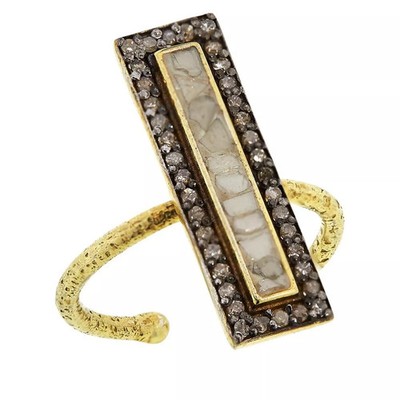 Joya Sterling Silver Goldclad White Polki Diamond Deco Hammered Ring, Size 8