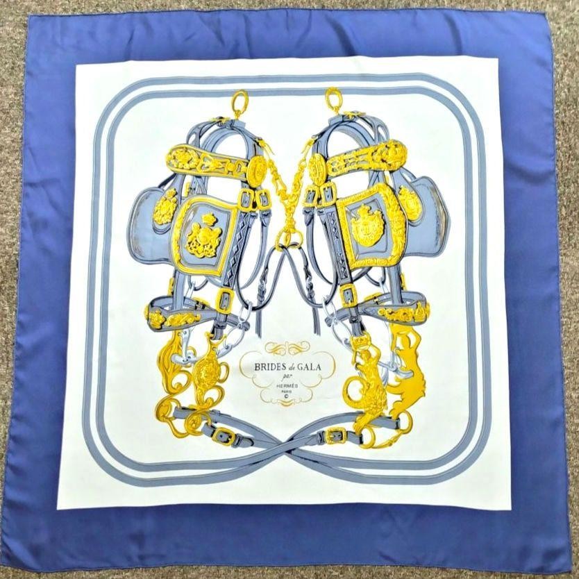 Hermes 90cm Bride De Gala Silk Scarf Navy Blue Made in Japan