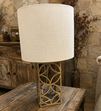 Gold Metallic Metal Geometric Base Table Lamp, Beige Drum Fabric Shade