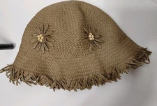 Brown Beaded Flower Woven Paper Bucket Hat One Size Fits All