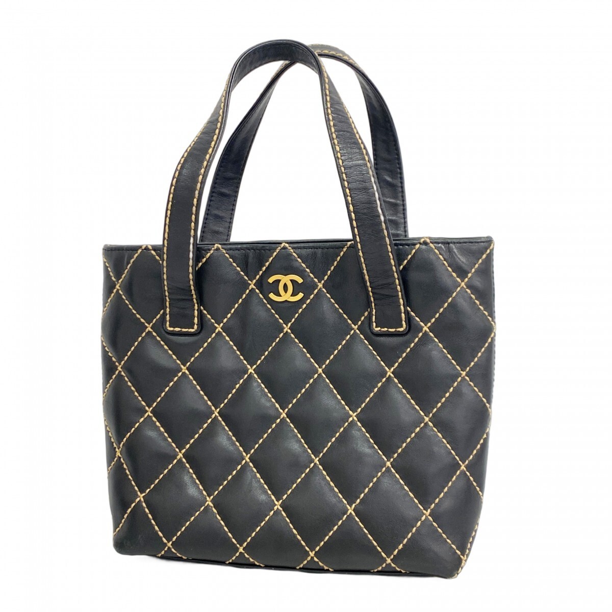 CHANEL Lambskin Tote Bag Black Gold Hardware Wild Stitch Pre-Owned 5gc2914