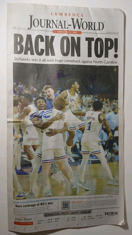 2022 KANSAS JAYHAWKS SIGNED BASKETBALL CHAMPIONSHIP NEWSPAPER KU BASKETBALL COA