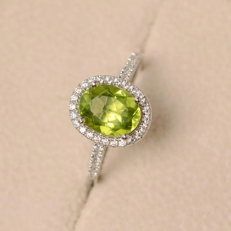 2.25Ct Oval Cut Simulated Green Peridot Engagement Gift Ring 14K White Gold Over - Image 3 of 4