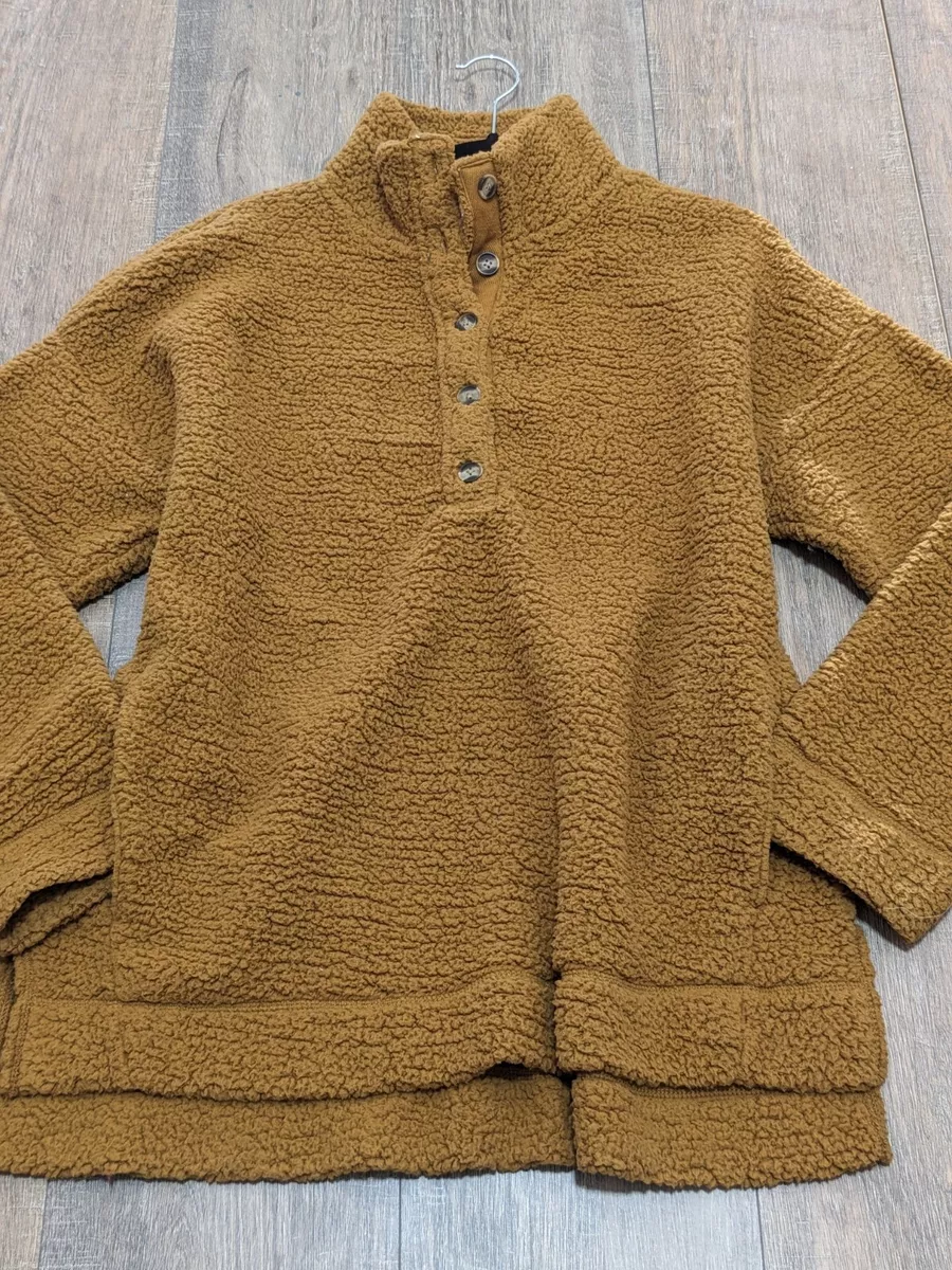 Aerie Fleece Pullover Jacket Womens Medium Brown Long Sleeve 1 4 Button Soft