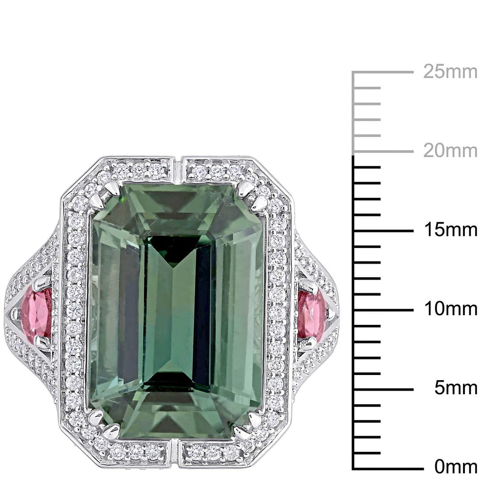 Anillo cuadrado de turmalina verde de 9,98 quilates, turmalina rosa y circonita cúbica brillante blanca de 0,85 quilates Foto 2 de 4