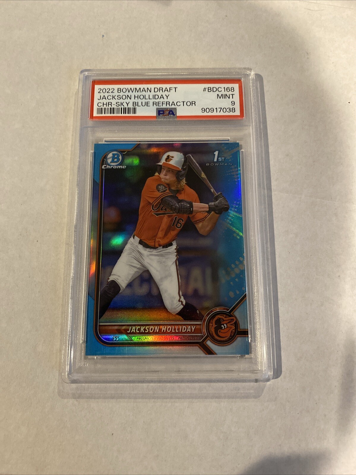 2022 Jackson Holliday 1st Bowman Draft Chrome Sky Blue Refractor Orioles PSA 9