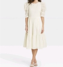 A New Day Target White Eyelet Puff Sleeve Dress Sm Lined Romantic Cotton A-Line