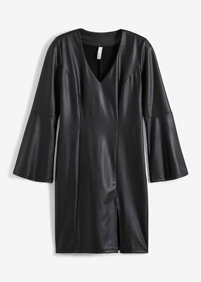 Kleid mit Leder-Optik Gr. 40/42 Schwarz Langarm Minikleid Casual-Dress Neu*