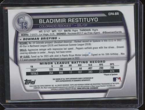 2023 Bowman Chrome BLADIMIR RESTITUYO RC Rookie 1st Prospect Auto Rockies MS1 - Picture 2 of 2