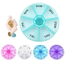 7 Day Round Pill Box Organizer Compact Medicine Case Travel Dispenser 3 3/8