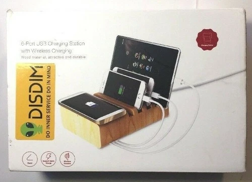 ^ wood material 6-port USB charging station with wireless charging