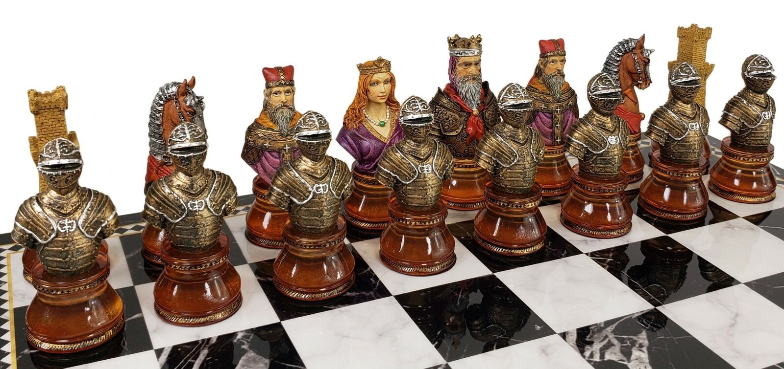 Medieval Times Crusades Pewter METAL Chess Set 16 Black & Red Faux Marble  Board