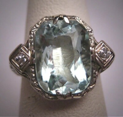 15CT Vintage Aquamarine & CZ Estate Art Deco Antique Wedding 1920 Ring 925 SS