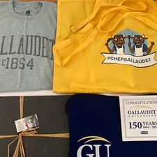 Gallaudet University T-Shirt L Apron Laptop Bag Slate Board & 150th Anniv Plate