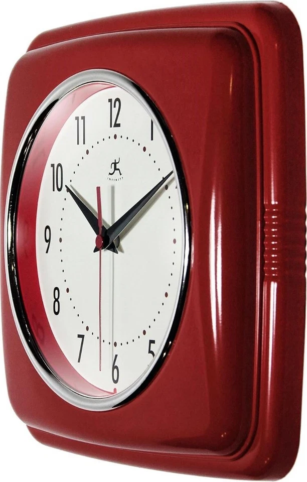 Retro Kitchen Wall Clock Silent Vintage Style Red 9" Square Lightweight Plastic - Image 4 of 4
