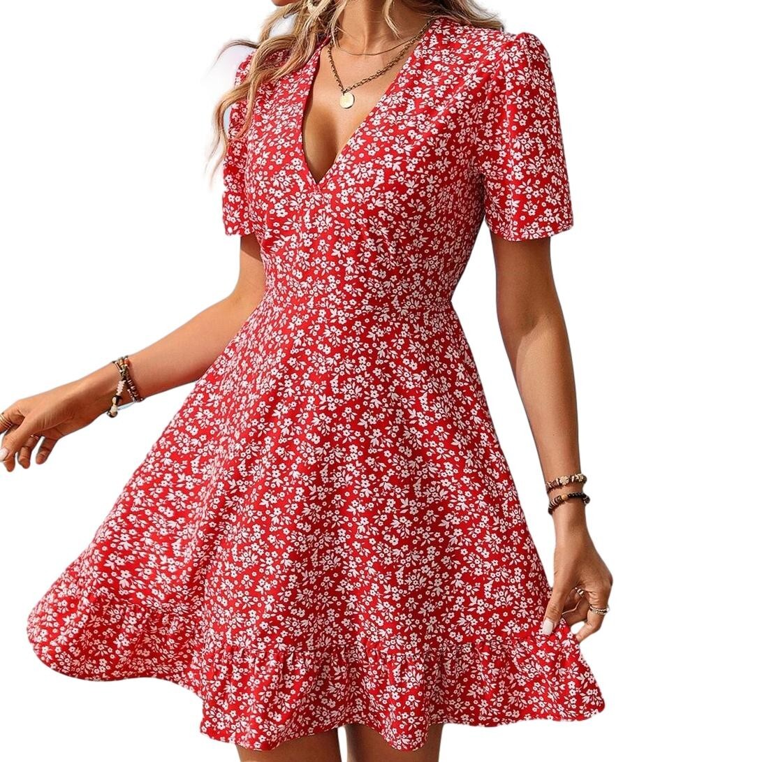 Ditsy Floral Print Puff Sleeve Ruffle Hem Dress