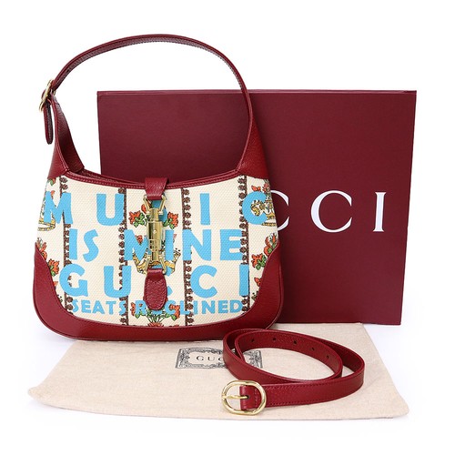 Gucci Jackie 1961 Leather Trim Handbag Red Ivory Used