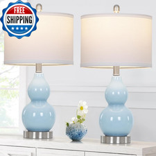 Double Gourd Ceramic Table Lamps Set of 2, Modern Blue Bedside Lamps for Night S