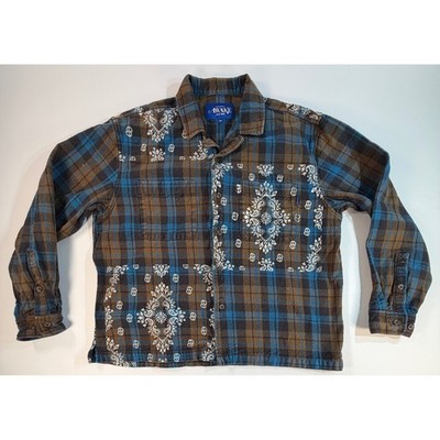 Awake NY Paisley Bandana Plaid Flannel Shirt Brown Blue Mens Medium Streetwear