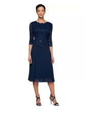 ALEX EVENINGS Sequined Lace Contrast Midi Dress- Sz 6 NEW With Tags