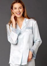 100% Silk & Lace Blouse, Light Blue PJ top, NWT, Extra Large, 71105MURA(XL)