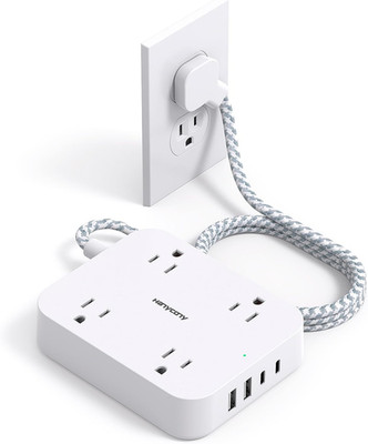 Flat Plug Extension Cord,  5Ft Power Strip with  USB Ports(2 USB C),  Widely Out