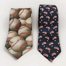 2) VTG Mens Ties USA Made American Flags & 3D Baseballs by Ralph Marlin 60" EUC