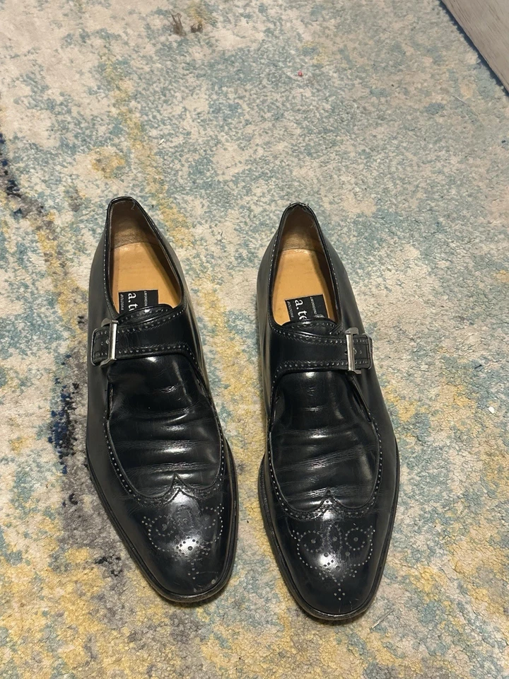 A. Testoni Loafers Men’s Size 10 Black Label Leather Wingtip Monk Strap Italy - Image 2 of 4