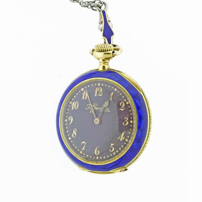 Tiffany & Co. Antique 18K Gold & Blue Enamel Keyless Wind Pendant Watch View 4